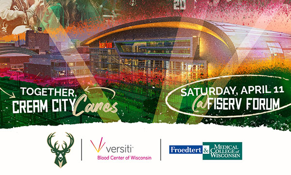 Milwaukee Bucks logo with Fiserv Forum and Together, Cream City Cares.