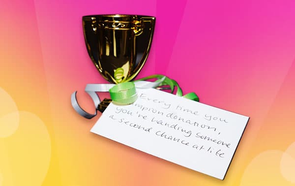 Chalice with personal note, "Every time you champion donation, you're handing someone a second chance at life."